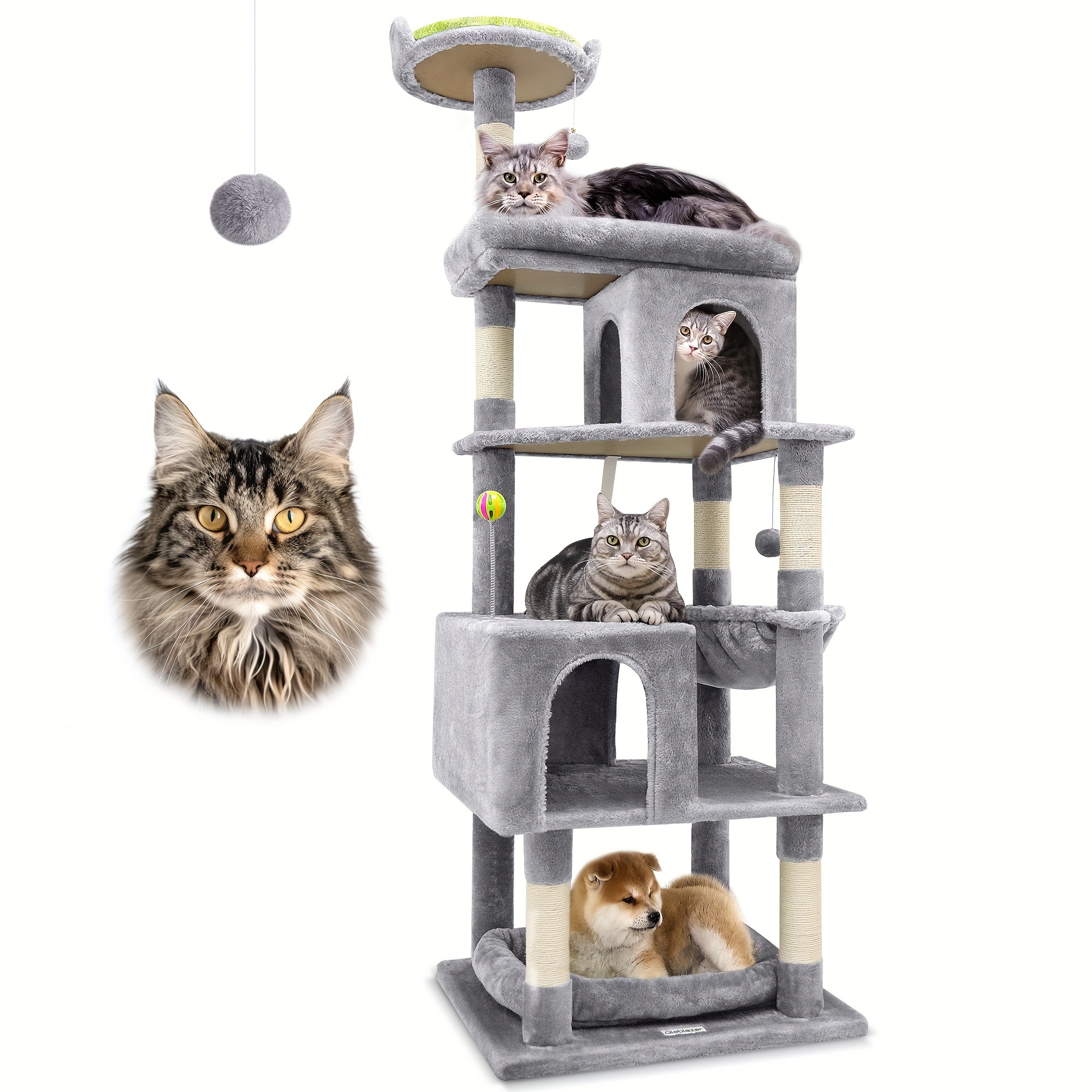 

S72 Tall Large Cat Tree, Sturdy Series 72in Cat Tower Condos For Indoor Adult Biggest Cats (maine Coon) 20lbs+, 6 Scratching Posts, 2 Cozy Caves, Hammock Basket #globlazer