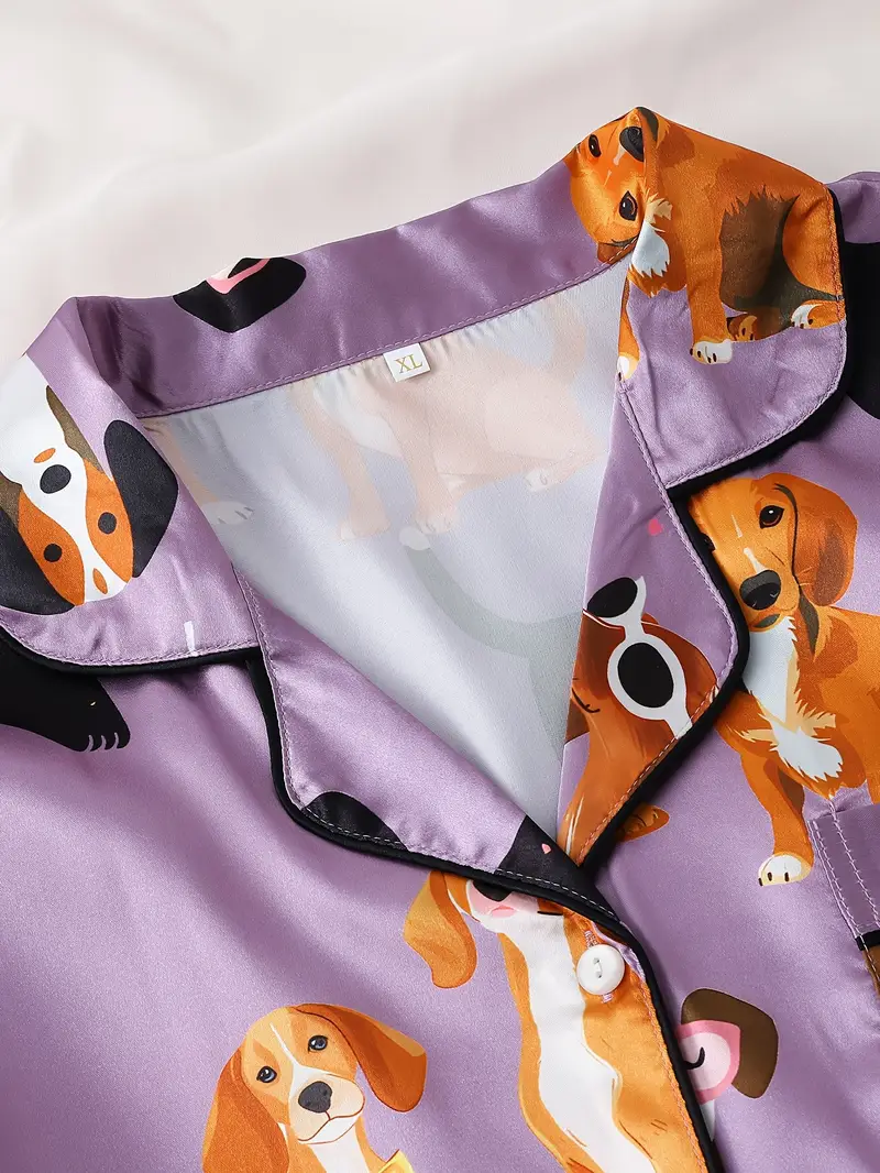 ladies two piece satin pajamas set with purple puppy pattern ladies two piece short sleeved stand up collar top with shorts ladies pajamas for two piece womens set Product details 2