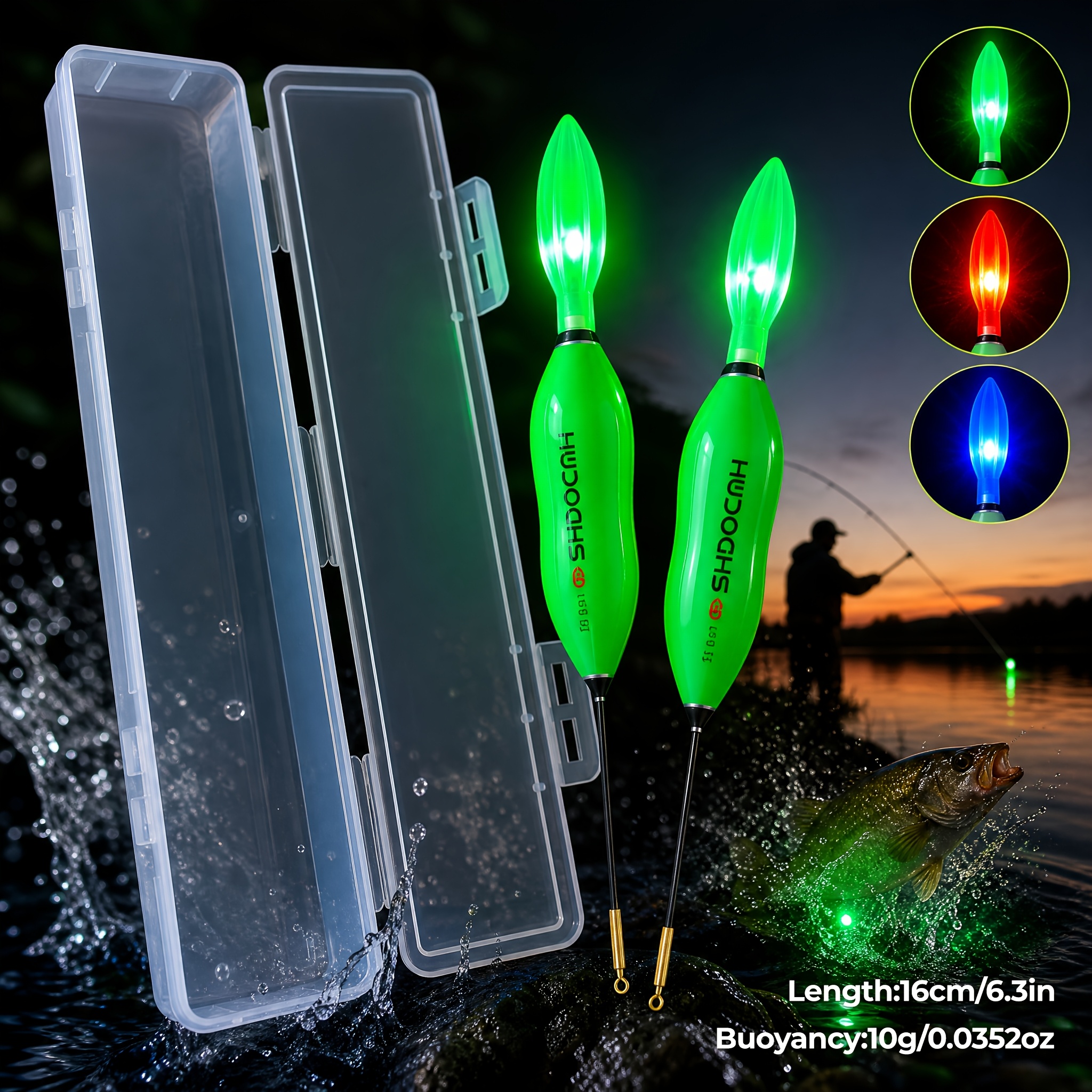TEMU 2pcs Bite-hook Color-changing Electronic Float And Float Box, 3 Colors Of Light Flashing, Green, Red, Blue, Box Length 22.5cm, Lead 10g, -dark