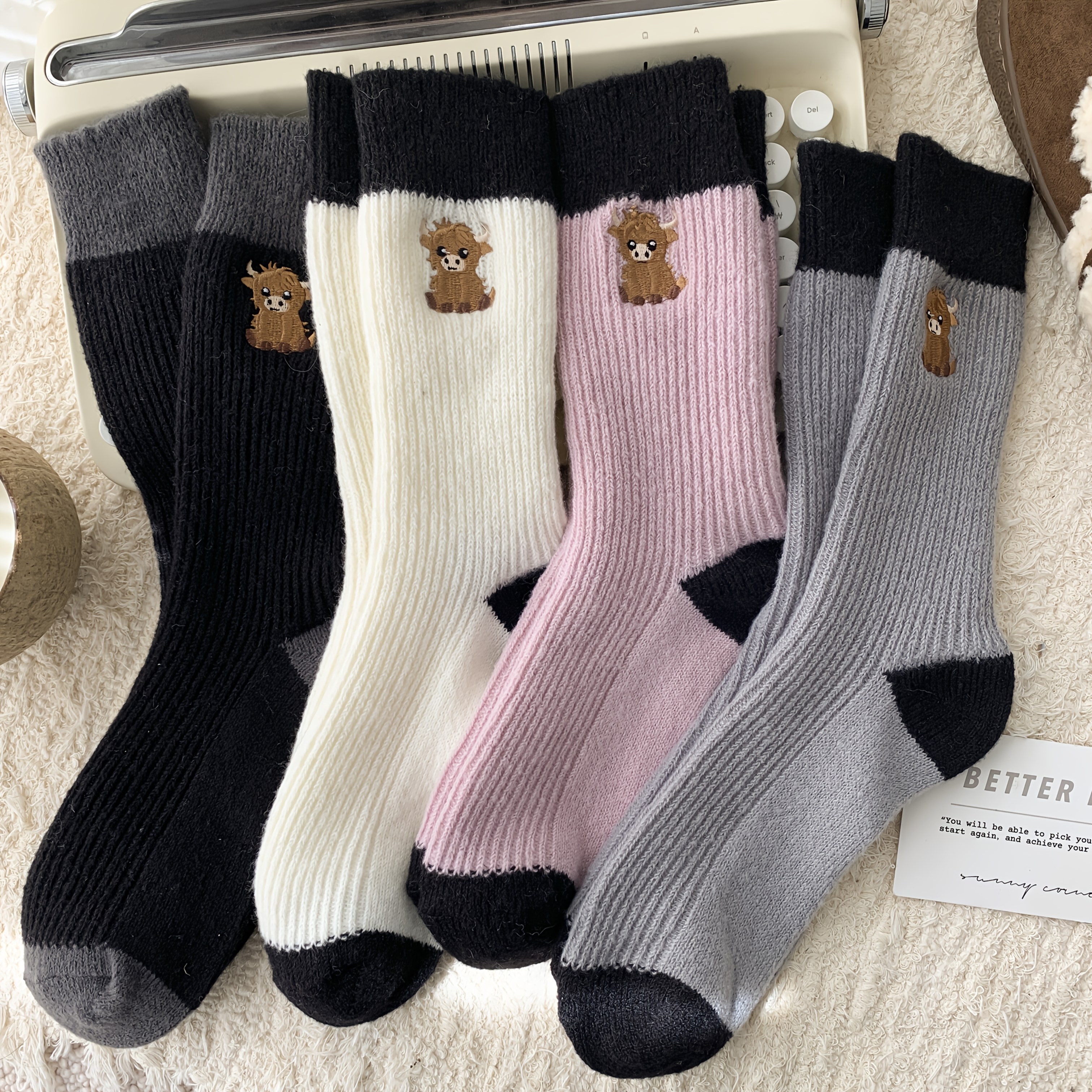 TEMU 4 Pairs Of Women's Color- Small Calf Plush Socks For Autumn And Winter, Thickened And Warm, Cartoon Trendy Versatile Mid-calf Socks