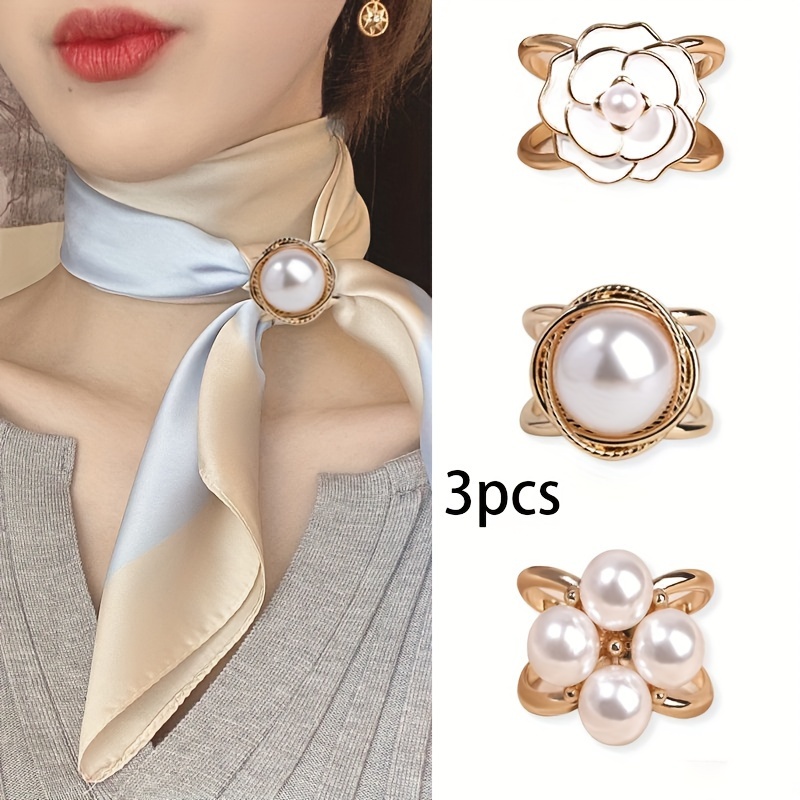 

3pcs Elegant Golden-tone Alloy Scarf Ring Set With Pearl, Yarn-dyed Metal Scarf , Decorative Fashion Scarf Clip For Women - Hand Washable, Non-elastic Scarf Accessories For Weekend Casual