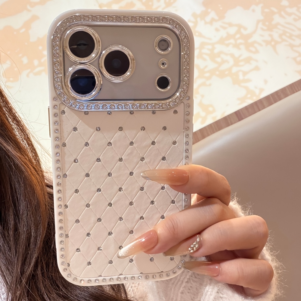TEMU Coque de téléphone : Coque antichoc tendance à motif de grille losangée unie à paillettes et strass pour iPhone 17 Pro Max 17 Pro Max 15 14 Pro