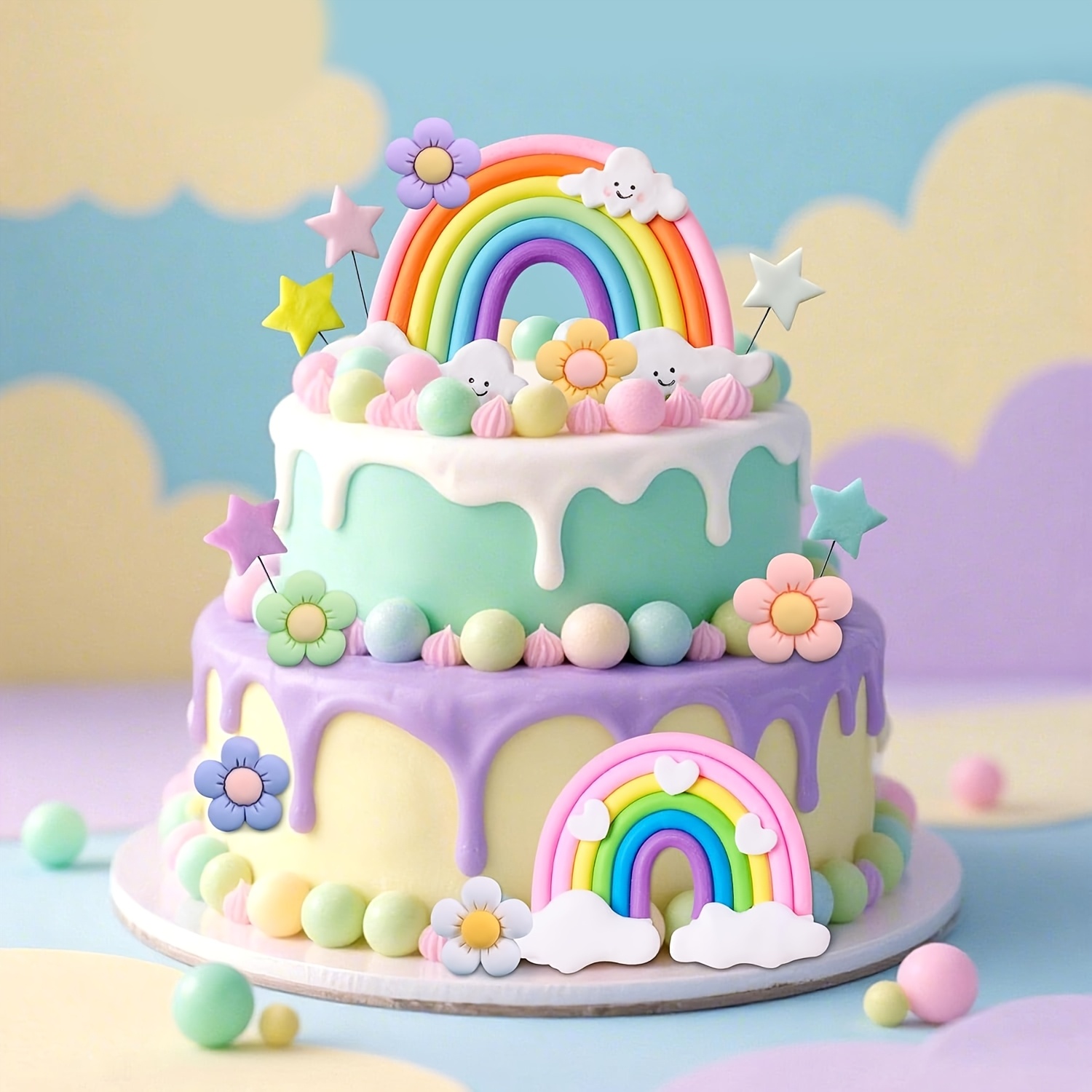 Rainbow Cake Topper Set - Pastel Balls, Flowers, Stars, Boho Theme Party Decorations