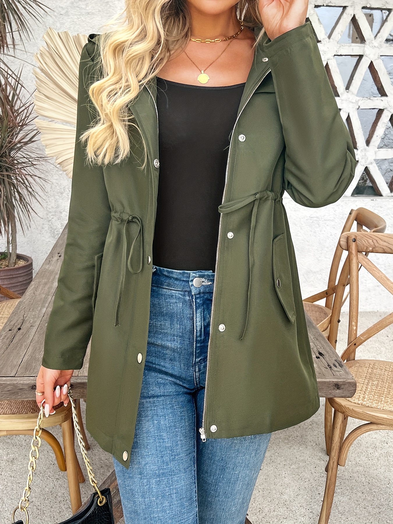 womens military green hooded trench coat polyester 100 solid Temu