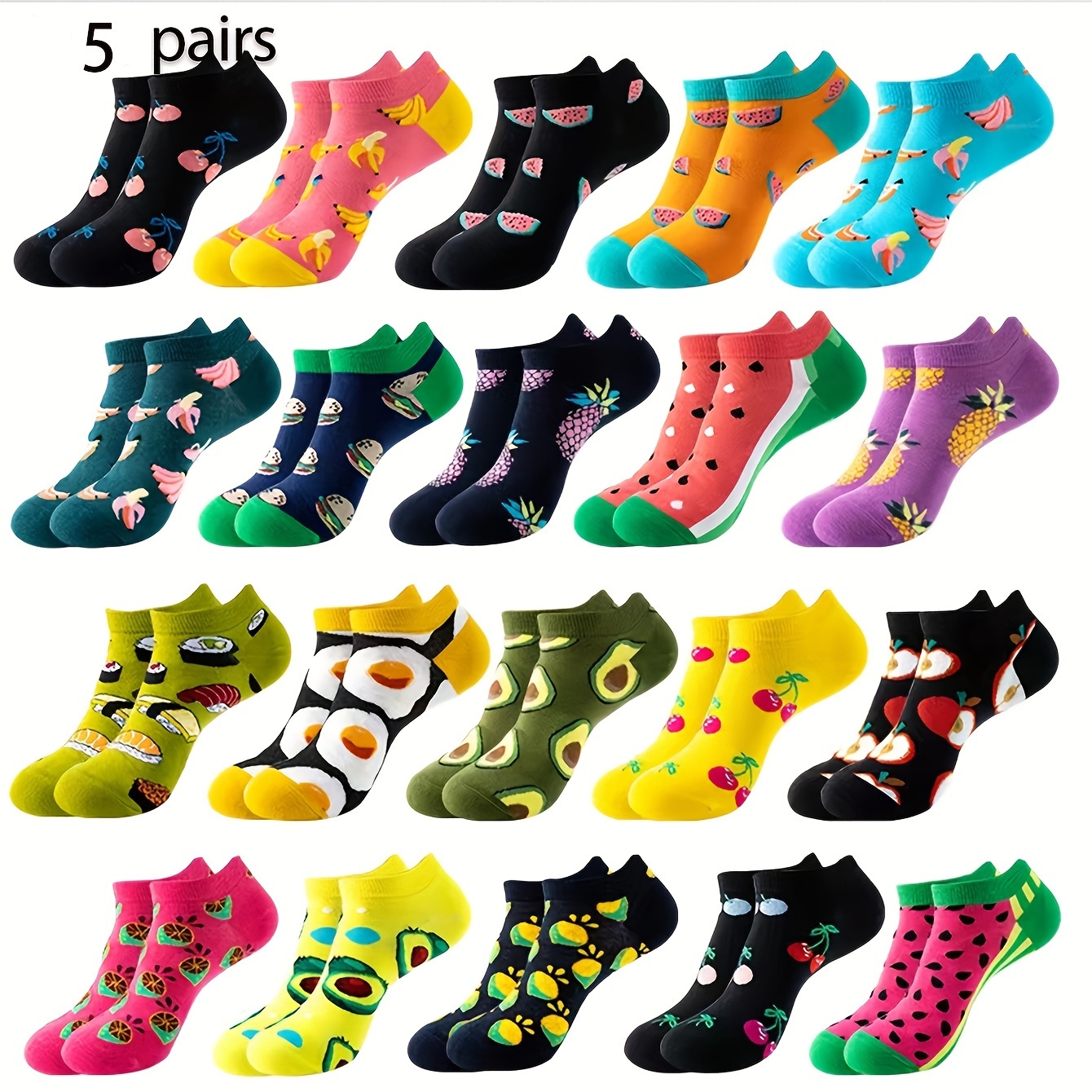 Random 5 Pairs/10 Pairs Cute Avocado Burger Print Trendy Socks Daily Versatile Comfortable Breathable Youth Socks, For Teenager