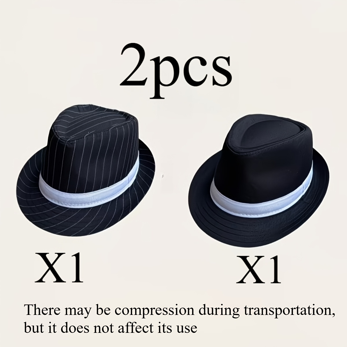 TEMU 2pcs Fedora Hats, Solid Black & White Pinstripe Trilby Hat With White Band, 1920s Costume Accessory For Men Women Halloween Cosplay