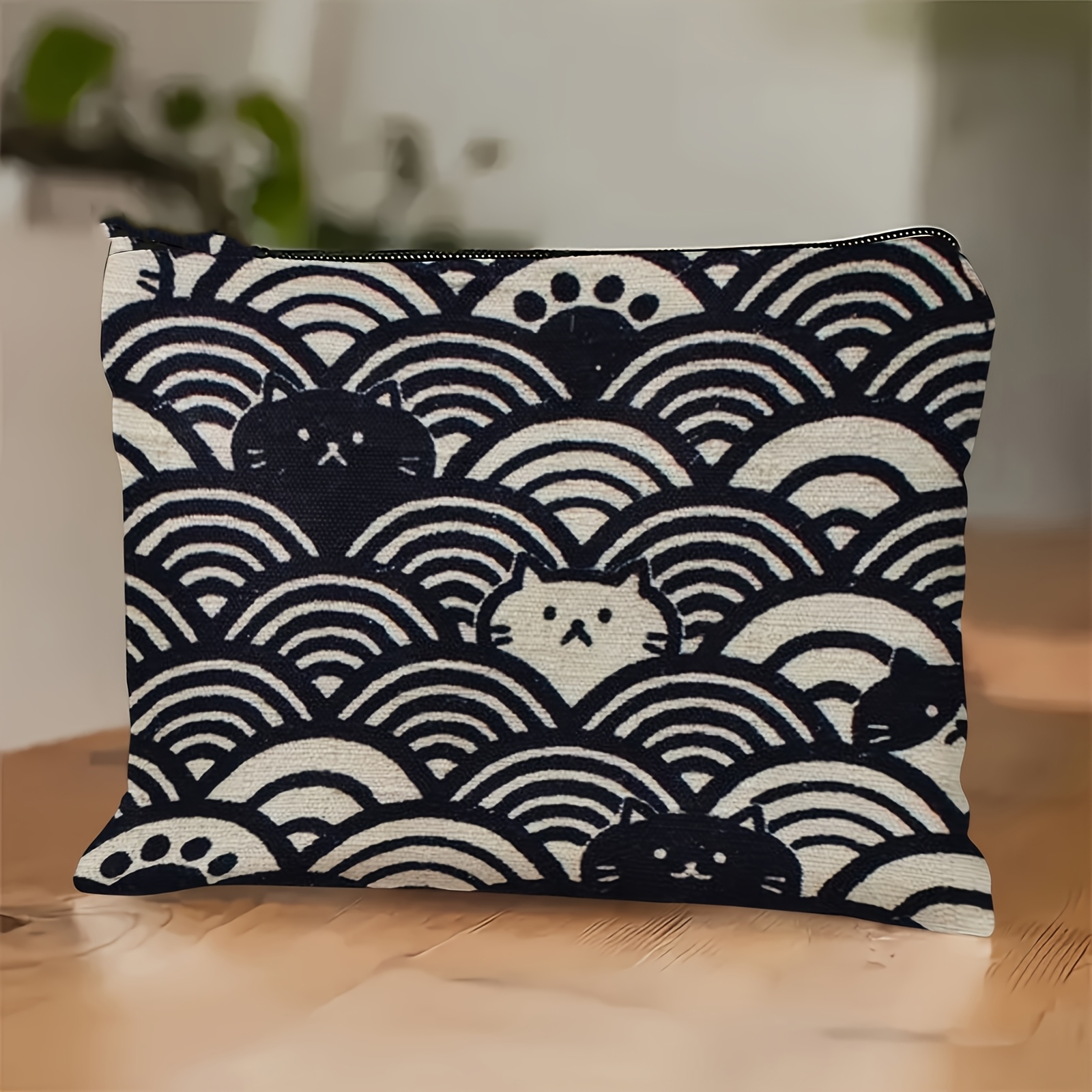 TEMU 1pc Of Retro Abstract Art Zipper Toiletry Bag, With Wave And Cat Designs, A Portable Travel Storage Bag In Black And Beige High-quality