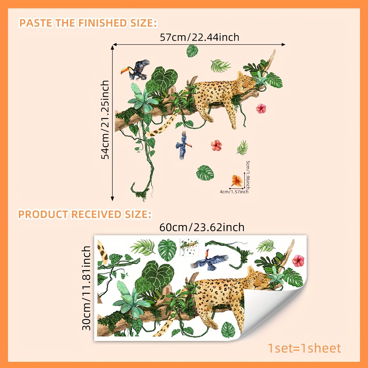 Image of Jungle Leopard & Tropical Birds Wall Decals - Vinyl Self-adhesive Wall Stickers With Tree Branches, Vines & Leaves For Room Decor, Contemporary Style Pvc Wall Art, & Single Use (1 Set, Ms9020-yj)