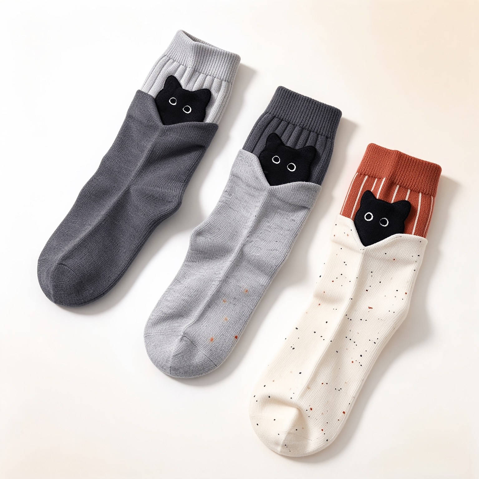TEMU 3 Pairs Of Women's Socks Cartoon Fancy Yarn Cat Socks Women'-layer Color-blocking Mid-tube Socks Autumn And Winter Solid Color Socks Cute Gray