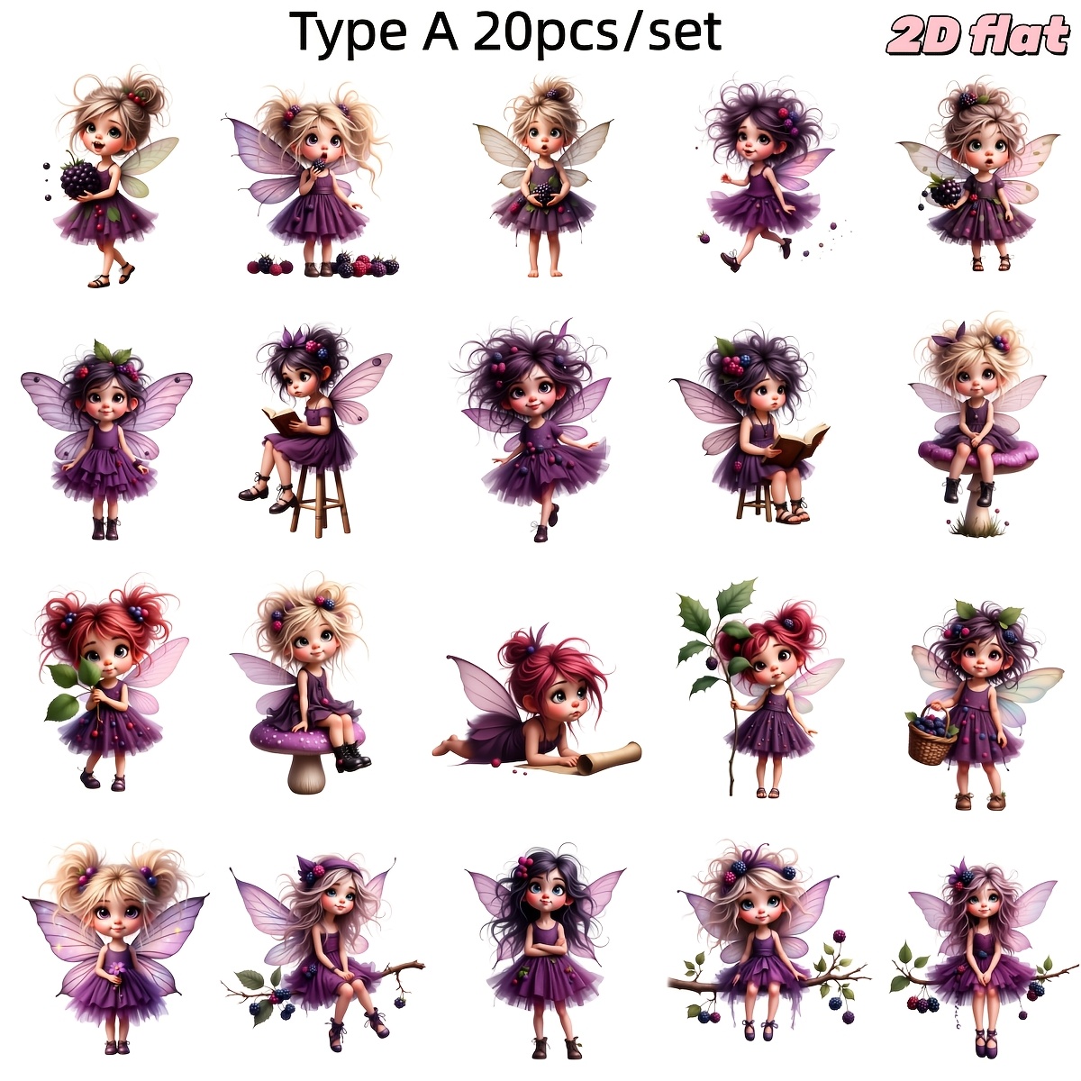 20pcs/set Creative Handmade Retro Purple Blueberry Elf Series, Solid 2d High Quality Stickers Suitable For Garbage Diary, Notebook, Decoration, Diy Gift Stickers