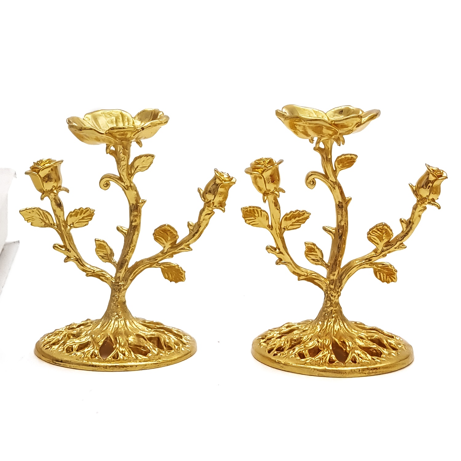 TEMU 2pcs Set, Valentine's Day Rose Flower Candlestick, Golden Rose Tree-shaped Light Luxury Decorative Candlestick/ornament, Base With Root Texture