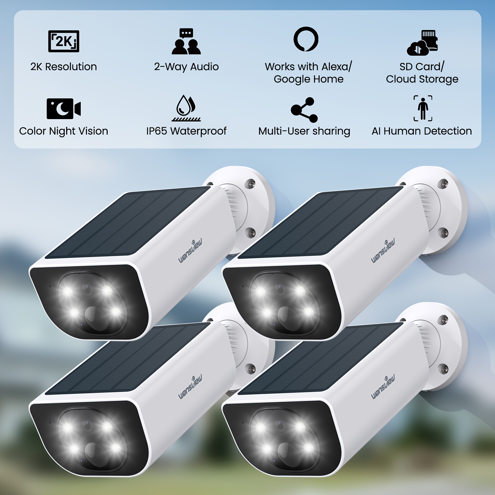  solar security camera outdoor wireless security camera 2k hd resolution color   two way   detection sd card cloud storage compatible with alexa google   2 3 4 solar cam 1pc battery camera