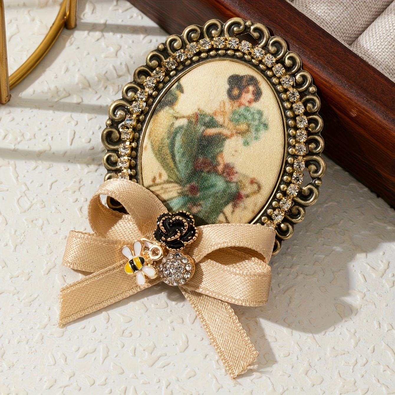 TEMU 1pc, Elegant, Luxurious Retro Style, Courtly, Beauty Portrait Brooch, Handcrafted Fabric Bow, Sparkling, Rhinestone Embellished, Women's Brooch,