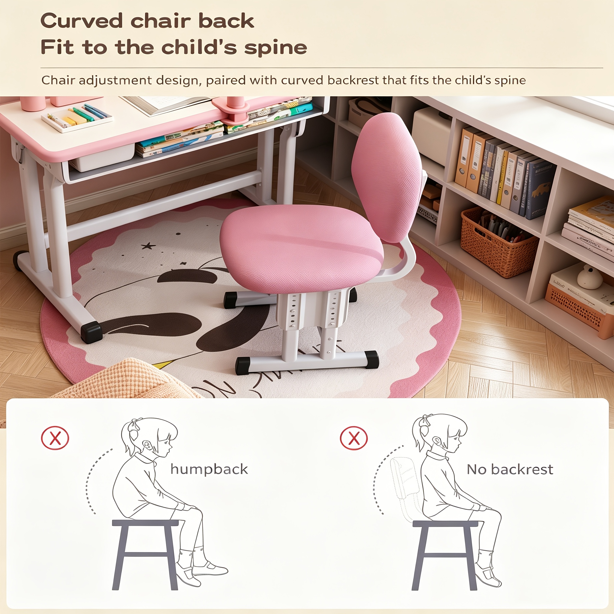 Adjustable Kids Study Desk & Chair Set, Ergonomic Curved Back Spine Protection, Height Adjustable, Wipeable Desktop, Detachable Reading Stand, Eye-Caring LED Lamp, Multiple Colors, Ideal For 3-18 Years Old Kids Home School Study & Daily Use