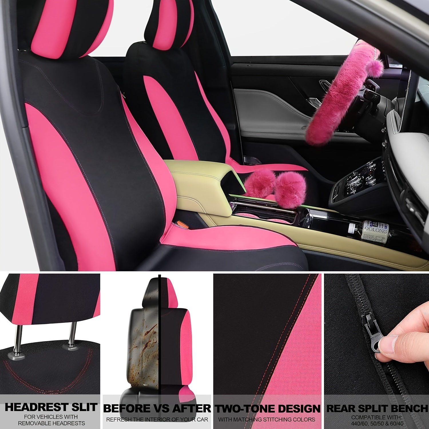 47 Car Seat Cover Full Set Car Accessories Car Seat Covers For Car Front  Rear Seat Cover Fluffy Steering Wheel Cover Seat Belt Automotive Floor Mats  C - Main Image