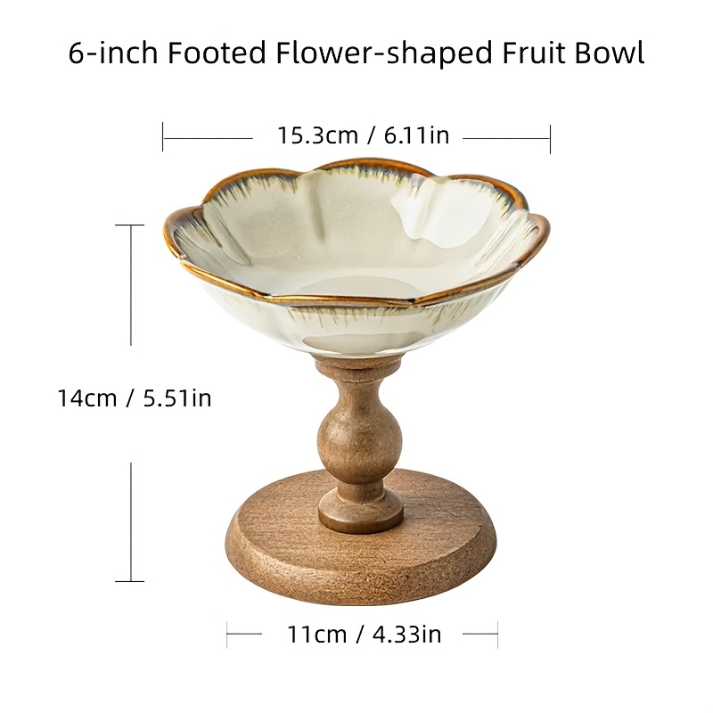 TEMU Vintage Ceramic & Wood Fruit Bowl With Petal- Dish - Footed Ceramic Centerpiece For Coffee Table, Decorative Serving Tray For Fruits, Snacks,