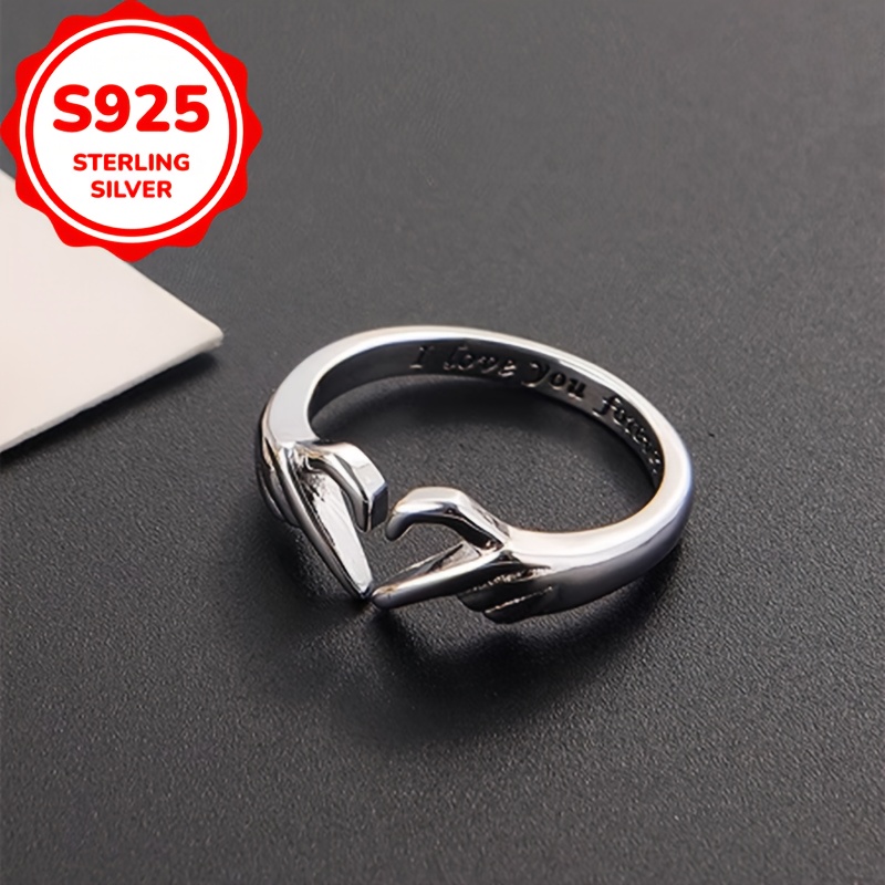 1pc S925 Sterling Silvery Creative Heart Ring, Minimalist Cool Style Adjustable Open-End Romantic Versatile Gift