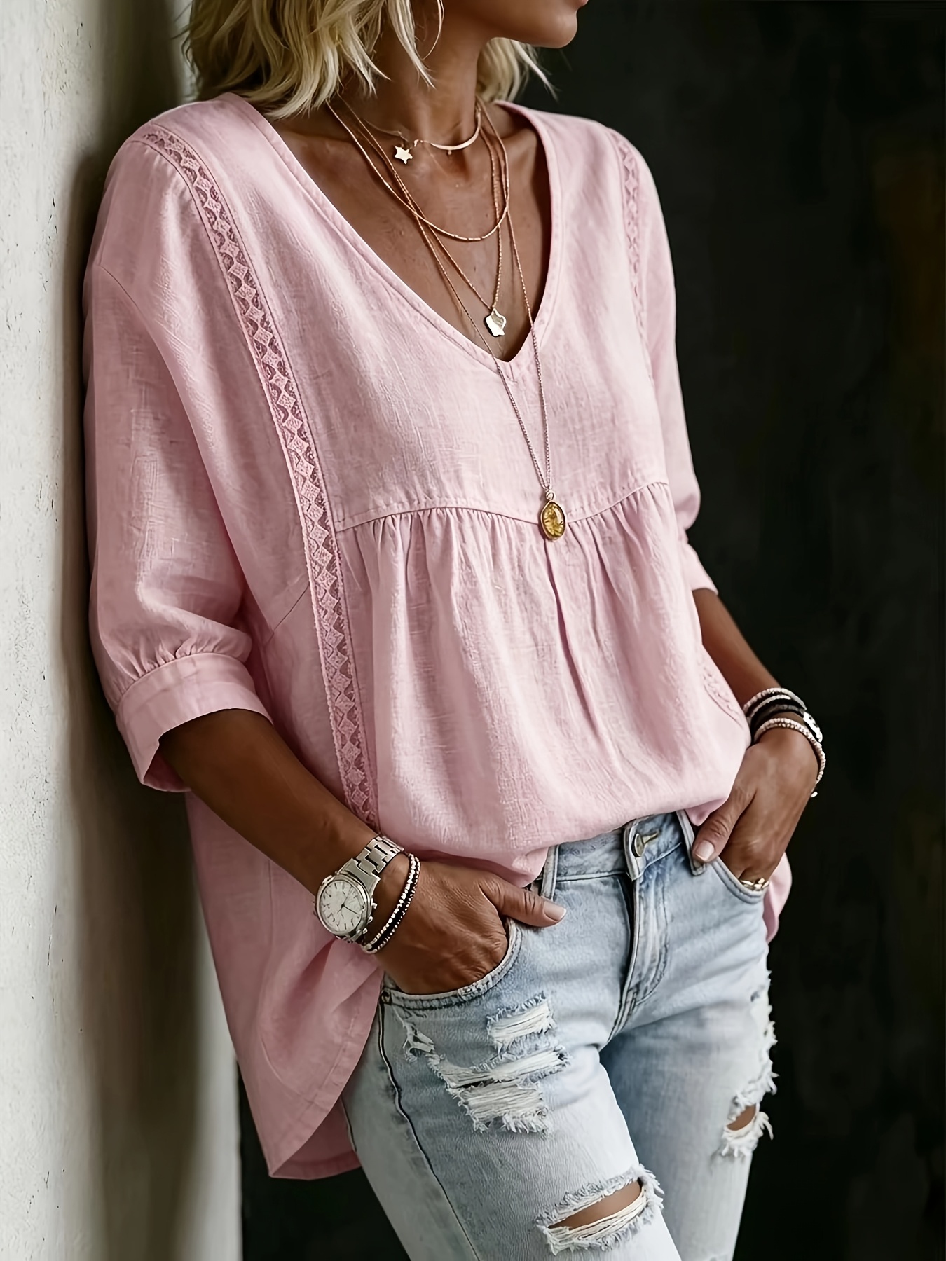 item picture plus size casual three quarter sleeve lace v neck pullover multi color shirt