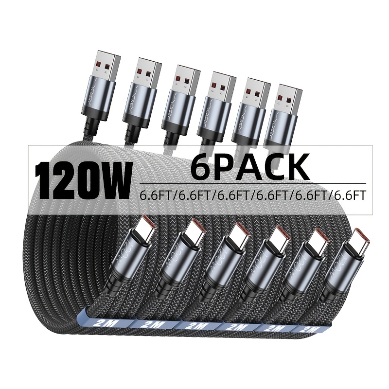 TEMU 120w 6pcs Usb C Fast Charging Cable, [6pcs 6.6ft] [6pcs 3.3ft] Usb To C Fast Charging Cable, For Macbook/ipad/iphone 17/16/15 Air/pro Max Data