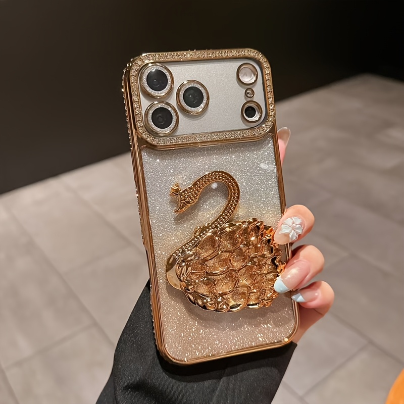 TEMU Phone Case: High-quality Side-drilled Glitter Gradient Hidden Swan Stand Phone Case, Suitable For Iphone 17, 13, 14, 15, 16 Pro Max, And Air