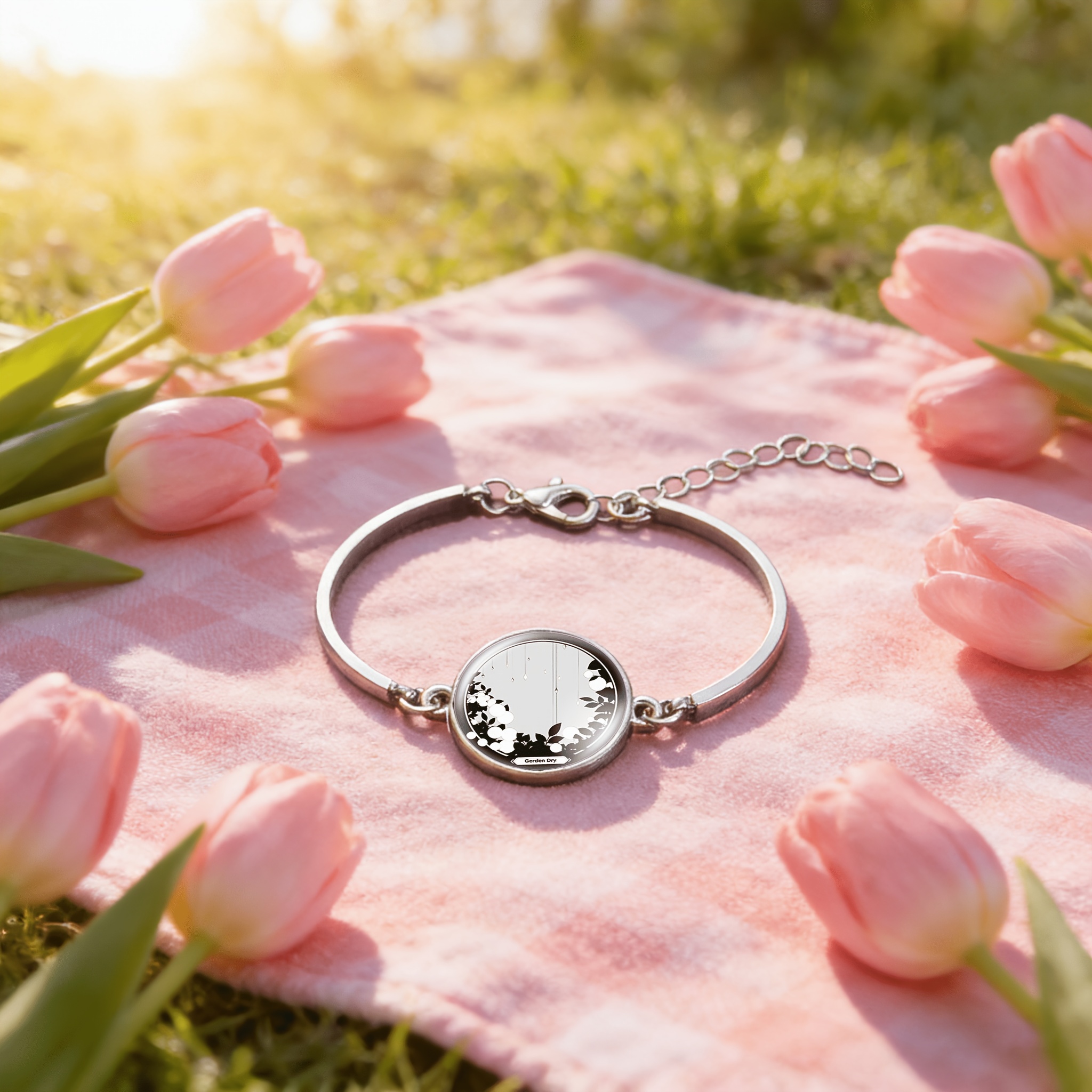 Women's Adjustable Bangle with Black and White Floral Design
