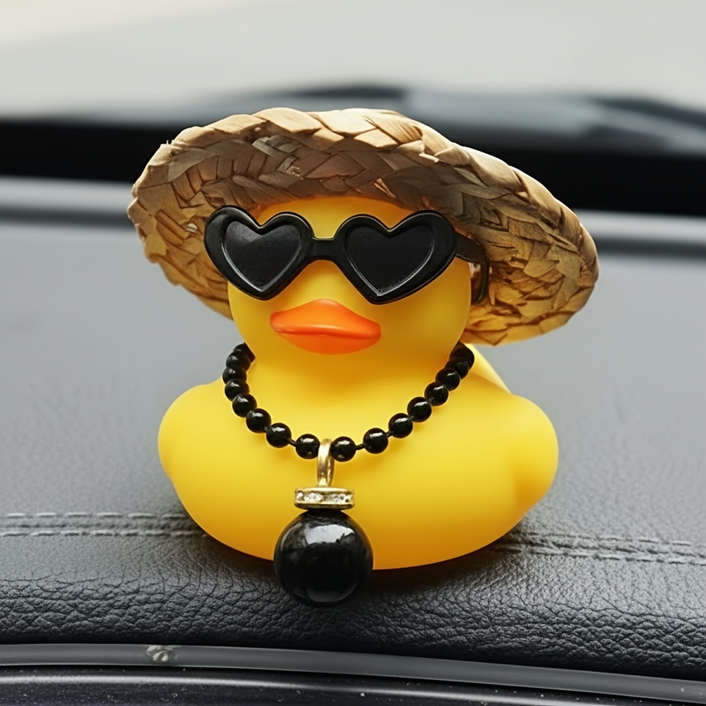 1pc Yellow Duck Car Ornament, Straw Hat And Sunglasses Design, Single Bead Embellishment, Soft Material, Mini Center Console And Dashboard Decor
