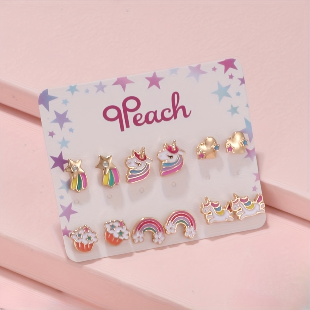 Image of 6 Pairs Rainbow Cute Unicorn Lovely Earrings Alloy Drip Oil Accessories Festival Gifts For Teenagers And Girls Popular Things Creative, Festival Gifts For Daughters Gifts For Granddaughters