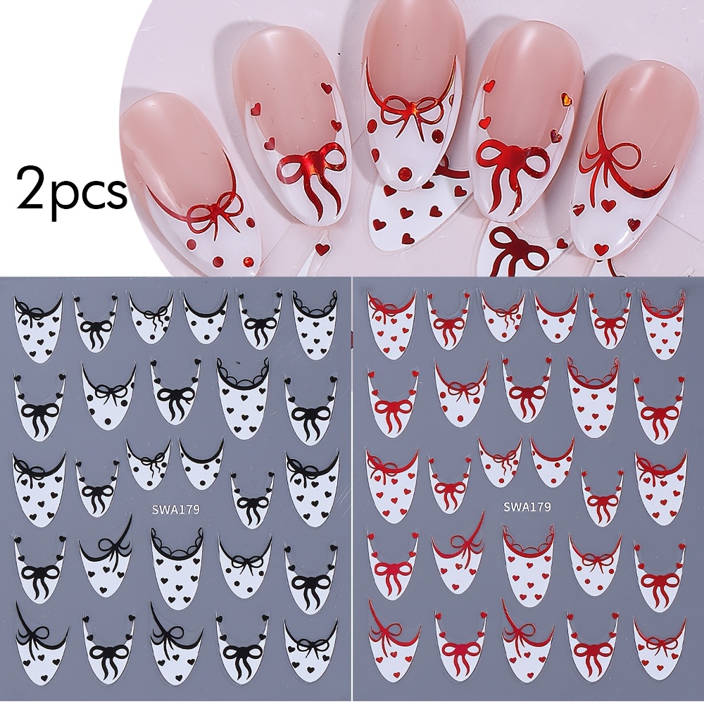 2pcs Valentine's Day French Tips 3d Nail Art Stickers Bow Tie Red Heart Lace French Nail Decals Elegant Wedding Cute Self Adhesive Nail Stickers Nail Decorations