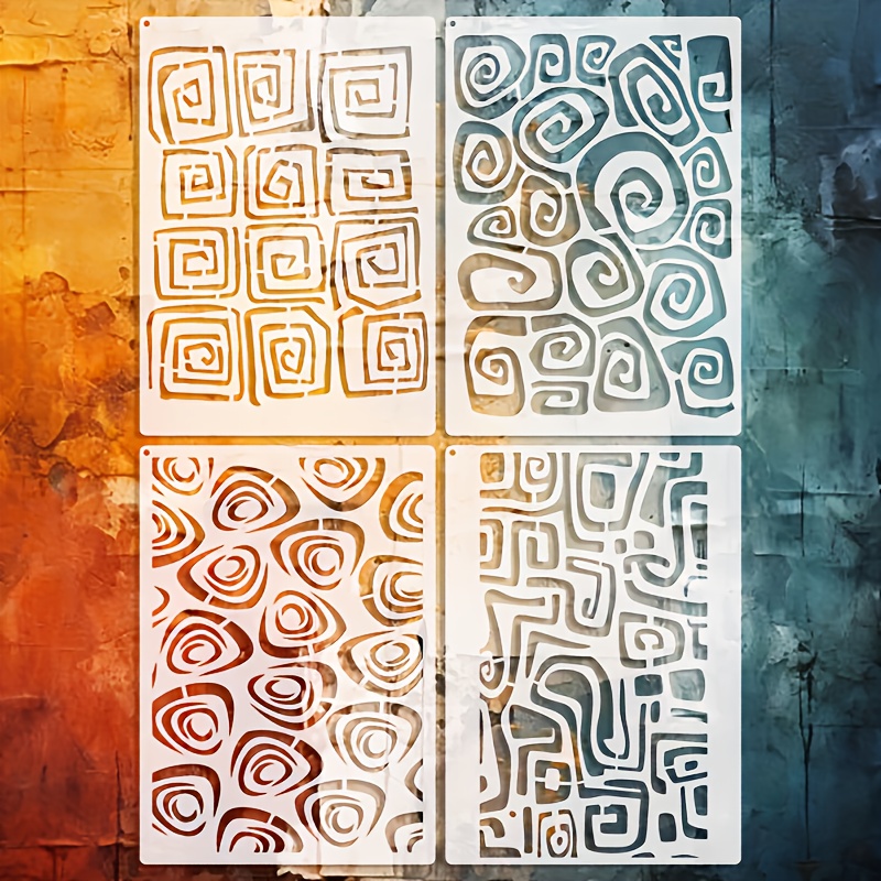 Image of Reusable Abstract Geometric Stencils With 4 Templates (squares, , Whirlpools, Maze) - 8.3×11.7" Painting Templates Suitable For Wall Art, Scrapbooking, Home Decor - Reusable Drawing Guides