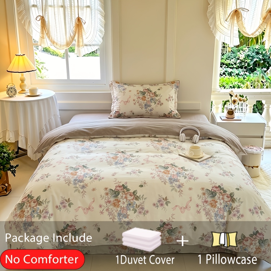 Image of 2pcs/3pcs 100%cotton Floral Print Duvet Cover Set ( Without Pillowcore And Duvet Insert), Soft Comfortable, Envelope Closure Pillowcase, Zipper Closure Duvet Cover