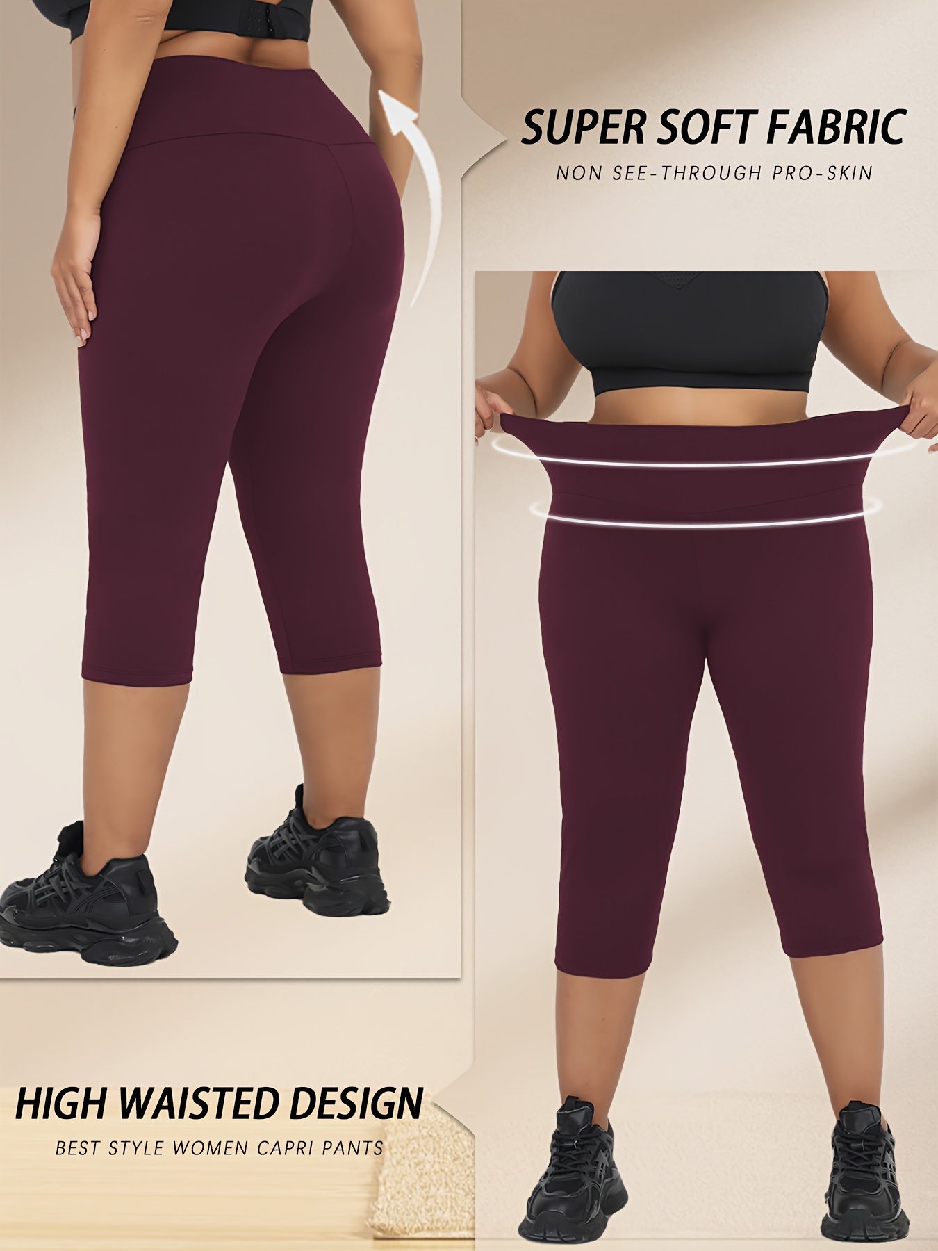 Plus Size Leggings For Women, Super Soft High Waisted Tummy Control Yoga Capri Pants, No See Through Workout Running Leggings