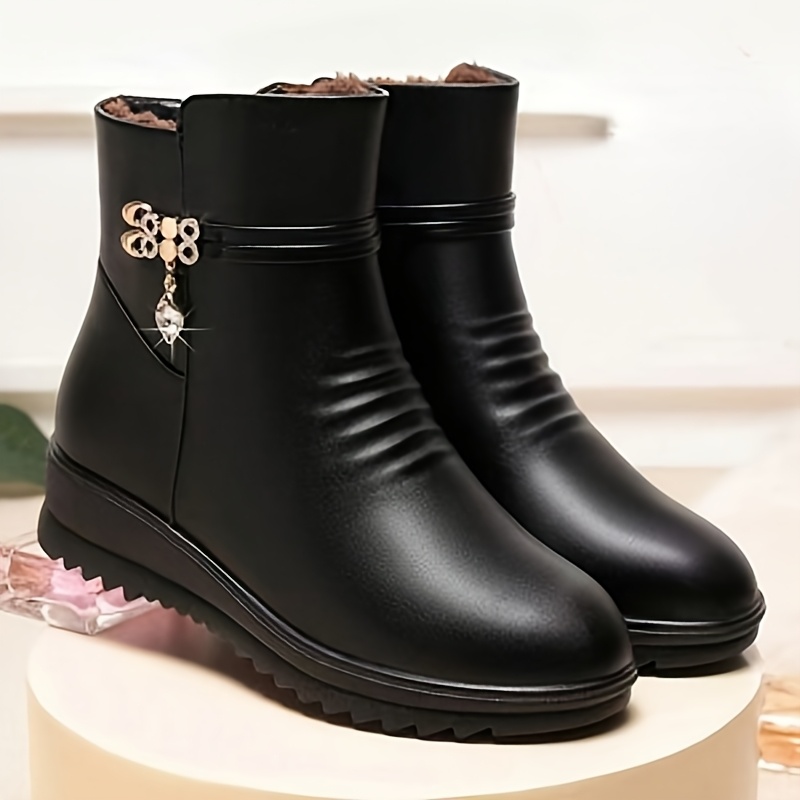 TEMU Women's Fashion Warm Black Short Boots, White Plush Lining, Durable Flat Mid-heel Mom Shoes, Mid-calf Design, Suitable For Autumn And Winter,
