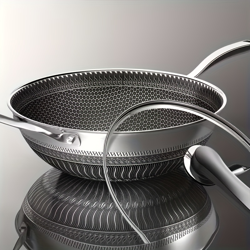 TEMU 2pcs Set Wok Pan, 13 Inch Stainless Steel Wok With Lid & 2 Accessories - Stir-fry Pan, 304 Stainless Steel, -free, Compatible With All Cooktops, Includes Spatula & Brush For Healthy Cooking