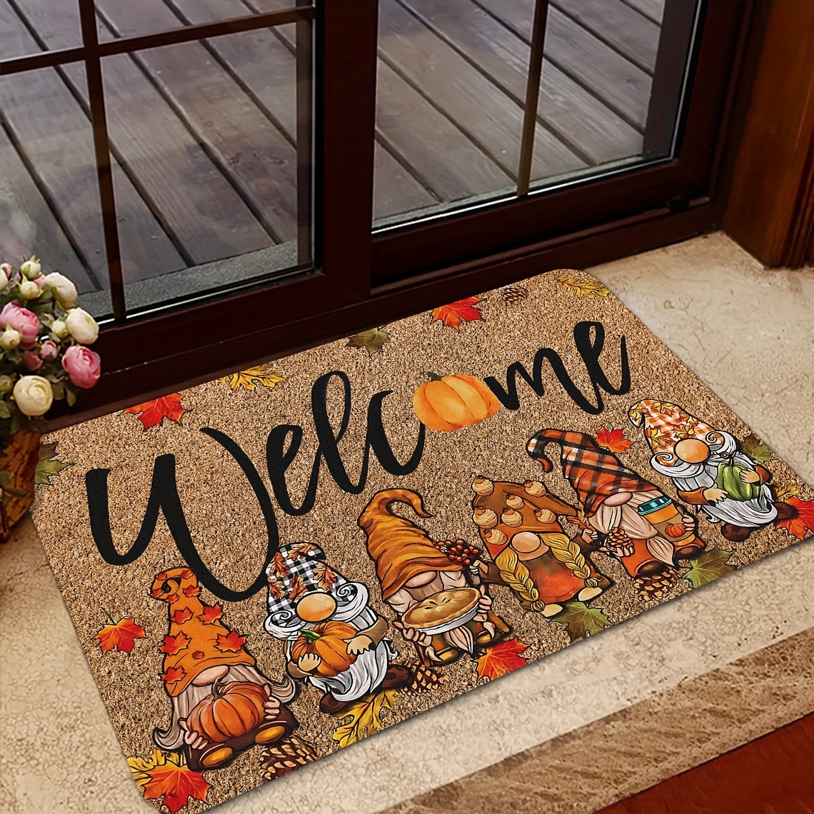 

Thanksgiving Welcome Doormat With Autumn Pumpkins - Hand Washable, Stain Resistant Non-slip, Indoor Entryway Decorative Mat With Polypropylene Backing, Machine Made, Floral Pattern