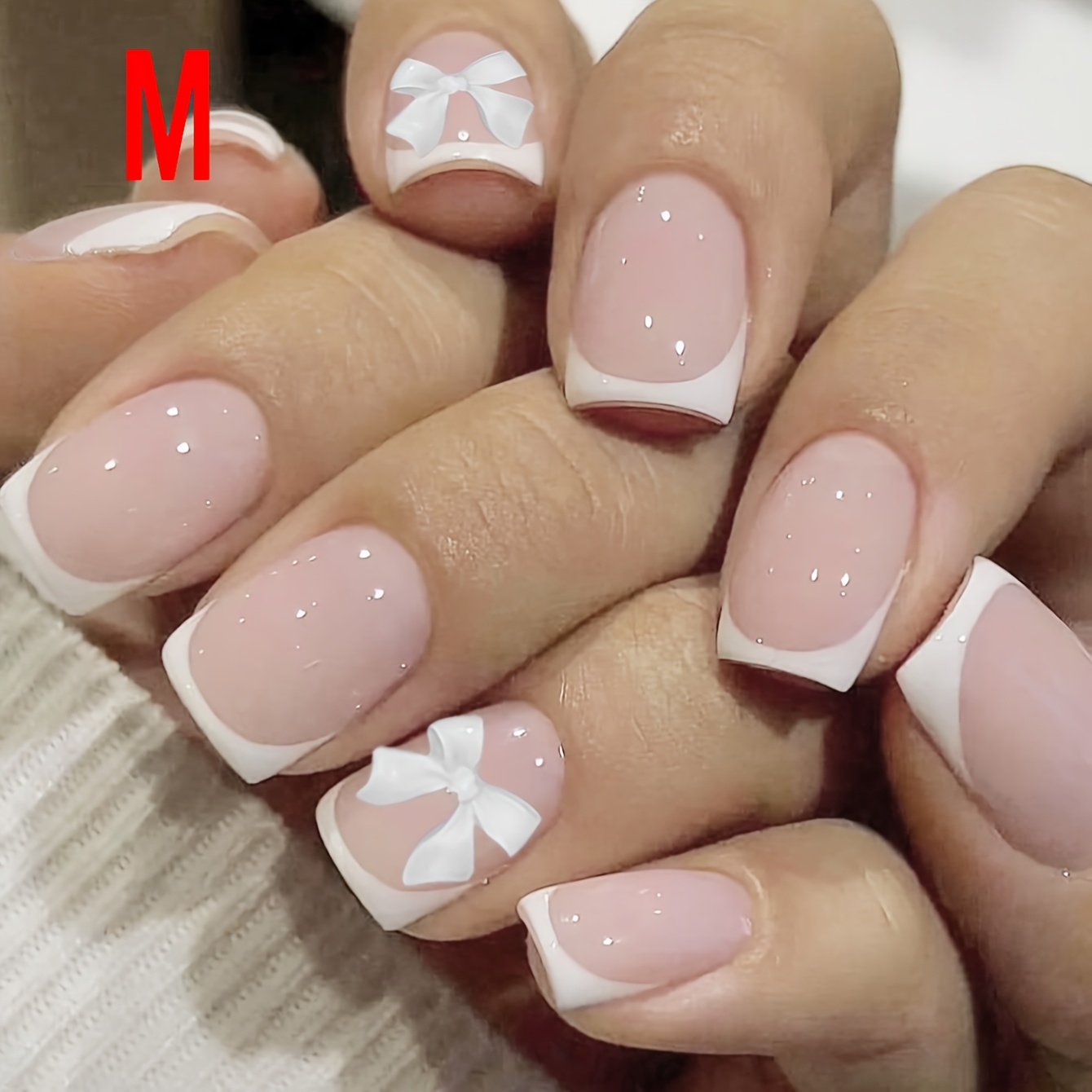 TEMU 10pcs Handmade Press On Nails French Tip Press On Nails Short Square White Bow With White French Edges Designs Nude Glue On Nails Press Ons