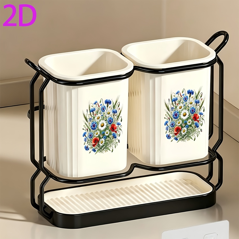 TEMU 1pc Blue Floral Daisy Cluster Decor On Bucket Side 2d Pattern Kitchen Countertop Utensil Rack, With Water Tray, For Storing Spatulas, Ladles And
