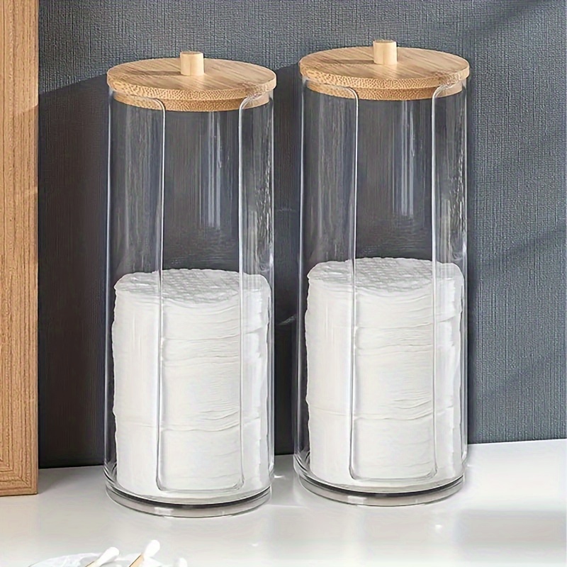 

Chic Bamboo-lid Makeup Organizer - Transparent Cosmetic Storage Box With Polished , Lightweight & Freestanding For Bathroom