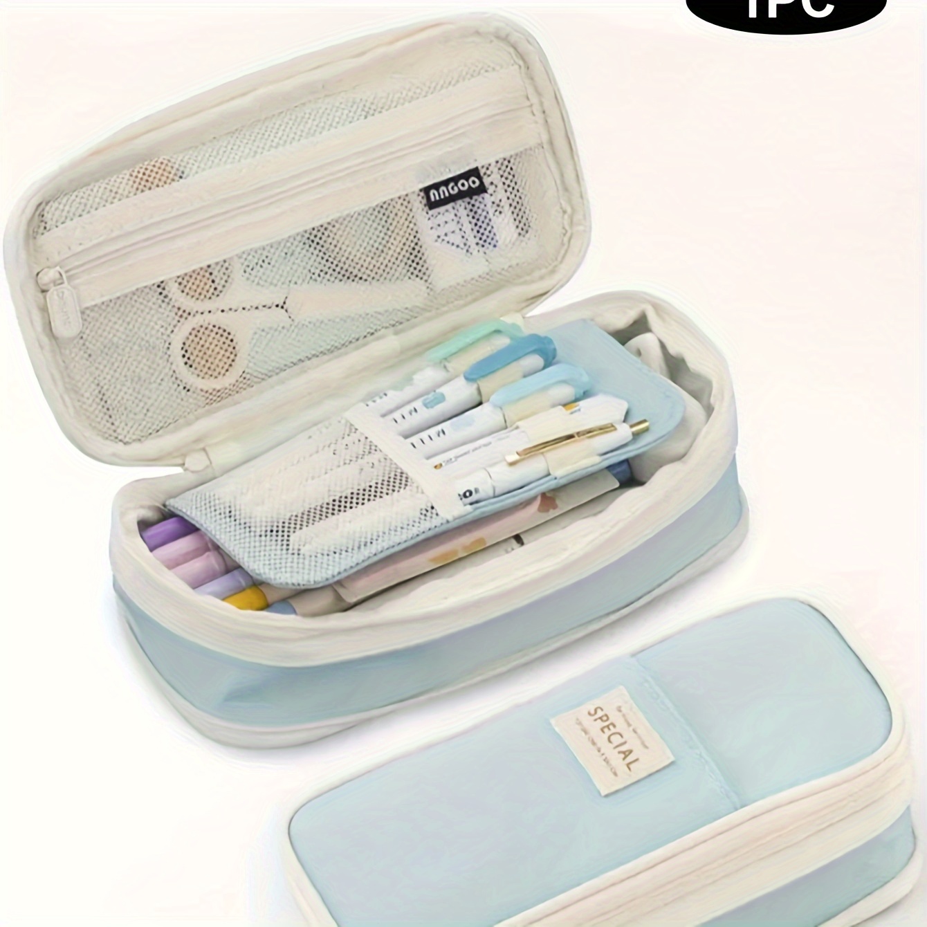 

Large Light Blue Pencil Case - Kawaii , Spacious Oxford Fabric Stationery Organizer For Students & Office Use