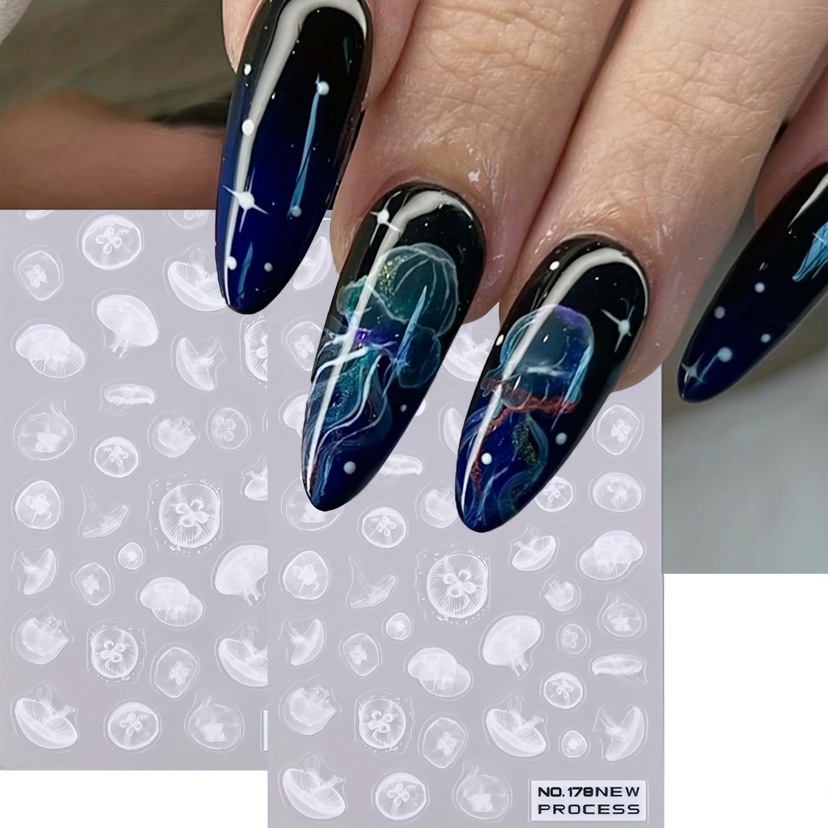 2 Sheets Self-adhesive 5d Embossed Ocean Nail Art Stickers Suitable For Women - 3d Gel Jellyfish Decals, Summer Diy Nail Supplies, Plastic Embossed Nail Stickers For - /pedicures