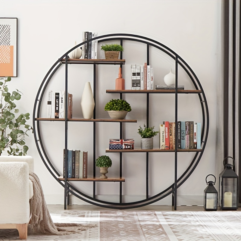 1pc round 5 tier metal plant stand bookcase storage rack indoor living room terrace garden balcony display stand rustic brown 67 w x 11 8 d x 67 h for home room living room office decor details 3