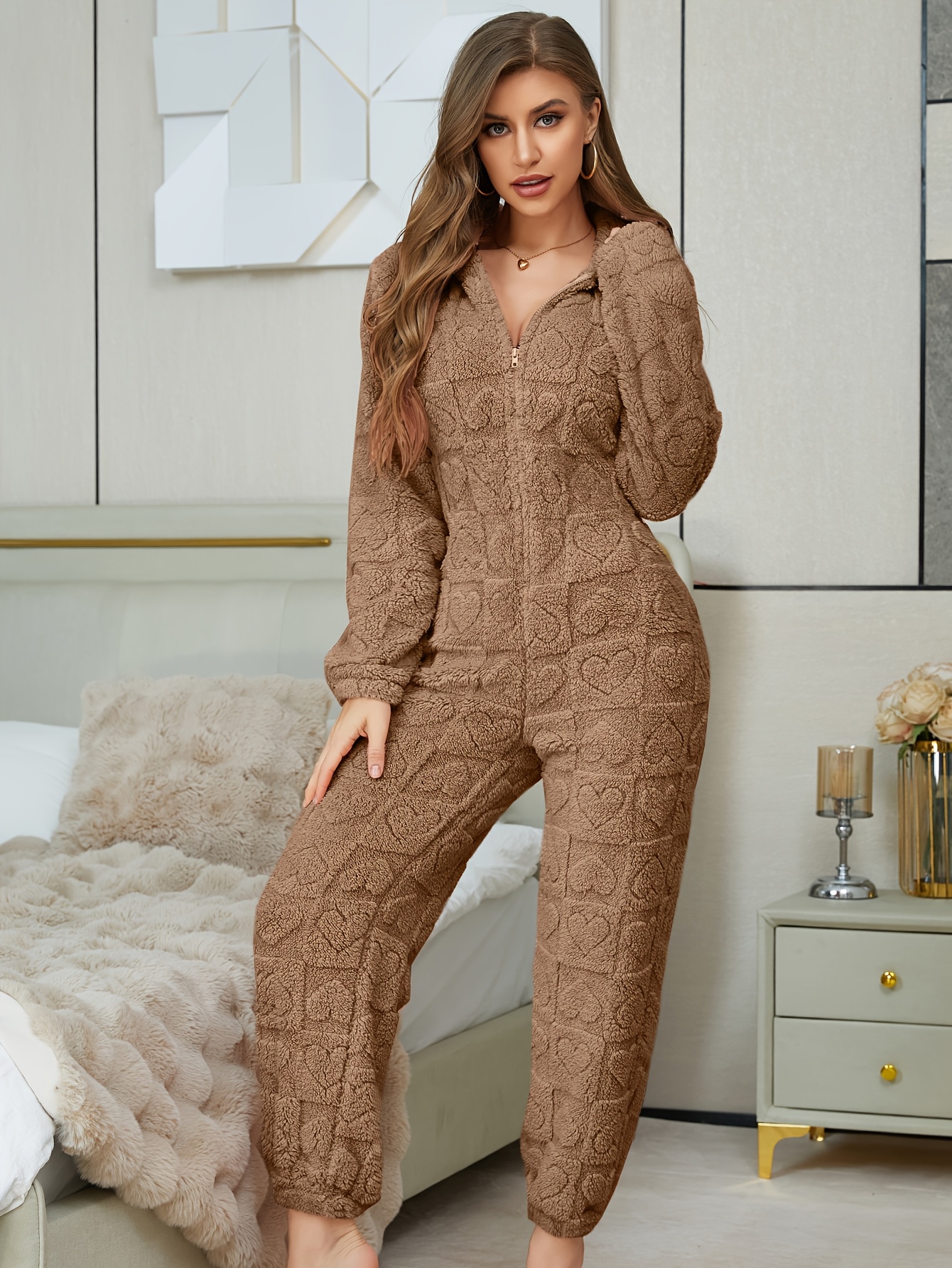 womens plush fleece hooded jumpsuit cozy length zip - Temu