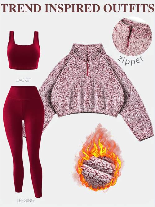 3pcs womens fleece lined activewear set cozy bubble texture crop jacket breathable sports bra quick dry yoga leggings polyester non see through for autumn winter