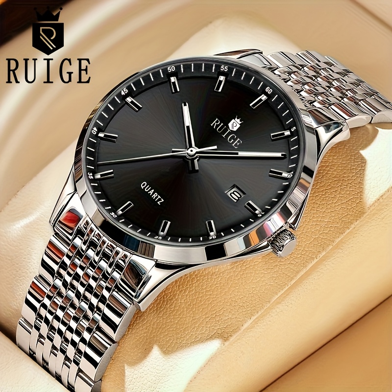 TEMU Ruige Men's Slim Watch With Calendar & Date - Thin Business Quartz Wristwatch, Display, - Movement, Elegant Minimalist Round Face For Casual