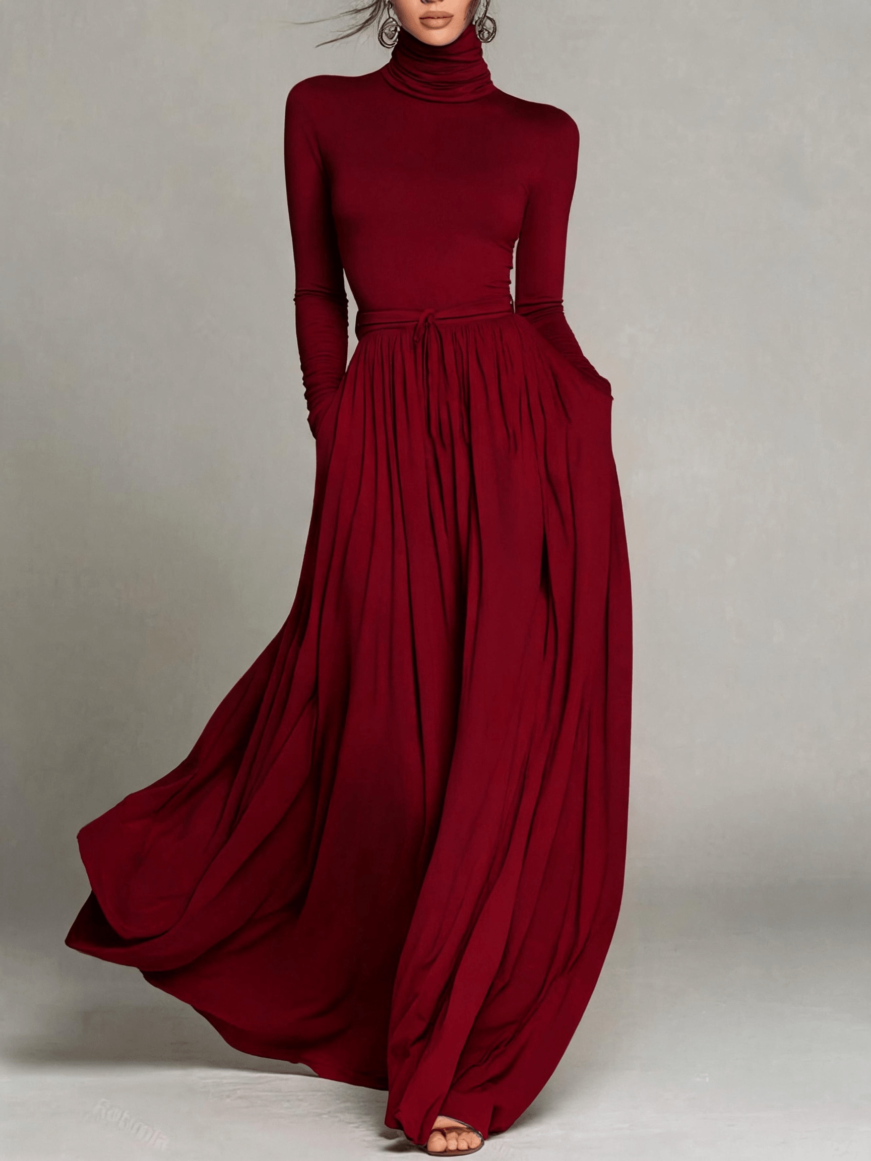 long sleeve flowy dresses for women Women'S Dress, Solid Color High Neck Long * Fit Dress, Waist Tie Detail, And, Vintage Style, Versatile Office Dress, Suitable Spring, Summer, And Autumn Wear, Elegant long flowy chiffon dress