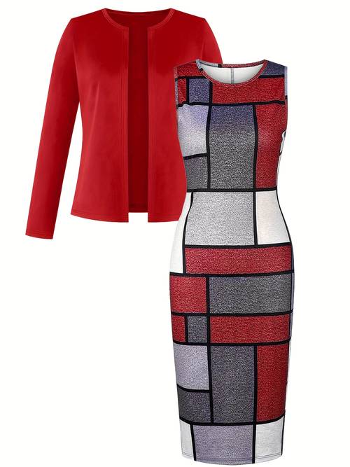 womens spring summer 2pcs set casual elegant high stretch geometric printed sleeveless skinny dress with solid color long sleeve cardigan jacket fabric comfortable
