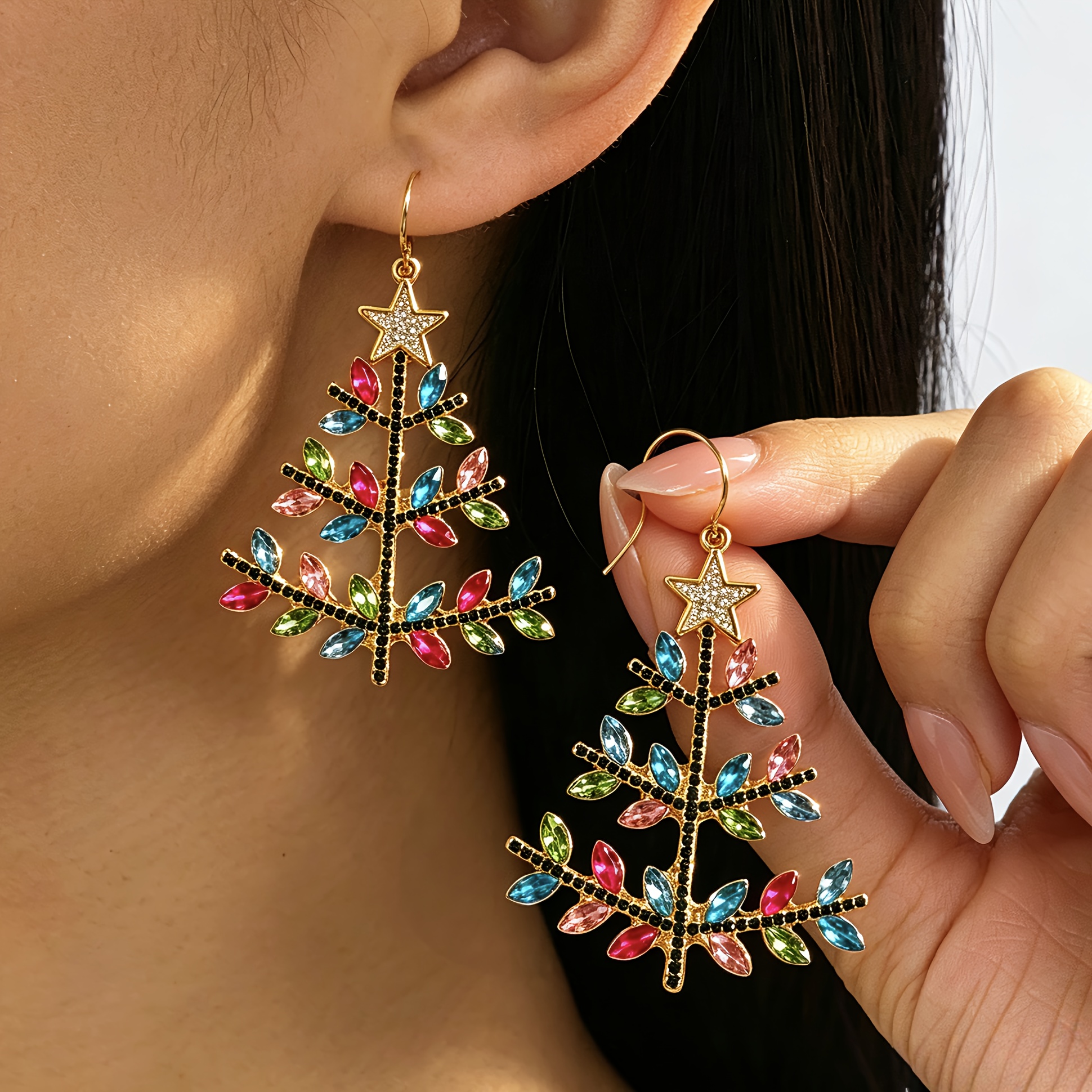 TEMU 1 Paire de Boucles d'Oreilles de Fête Polyvalentes avec Design d'Arbre de Noël Étoilé et Strass de Couleurs Faciles (Placement des Strass