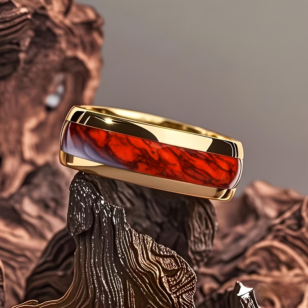 Fashion 8mm Golden Stainless Steel Ring With Red Shell Inlay Ring For Men Wedding