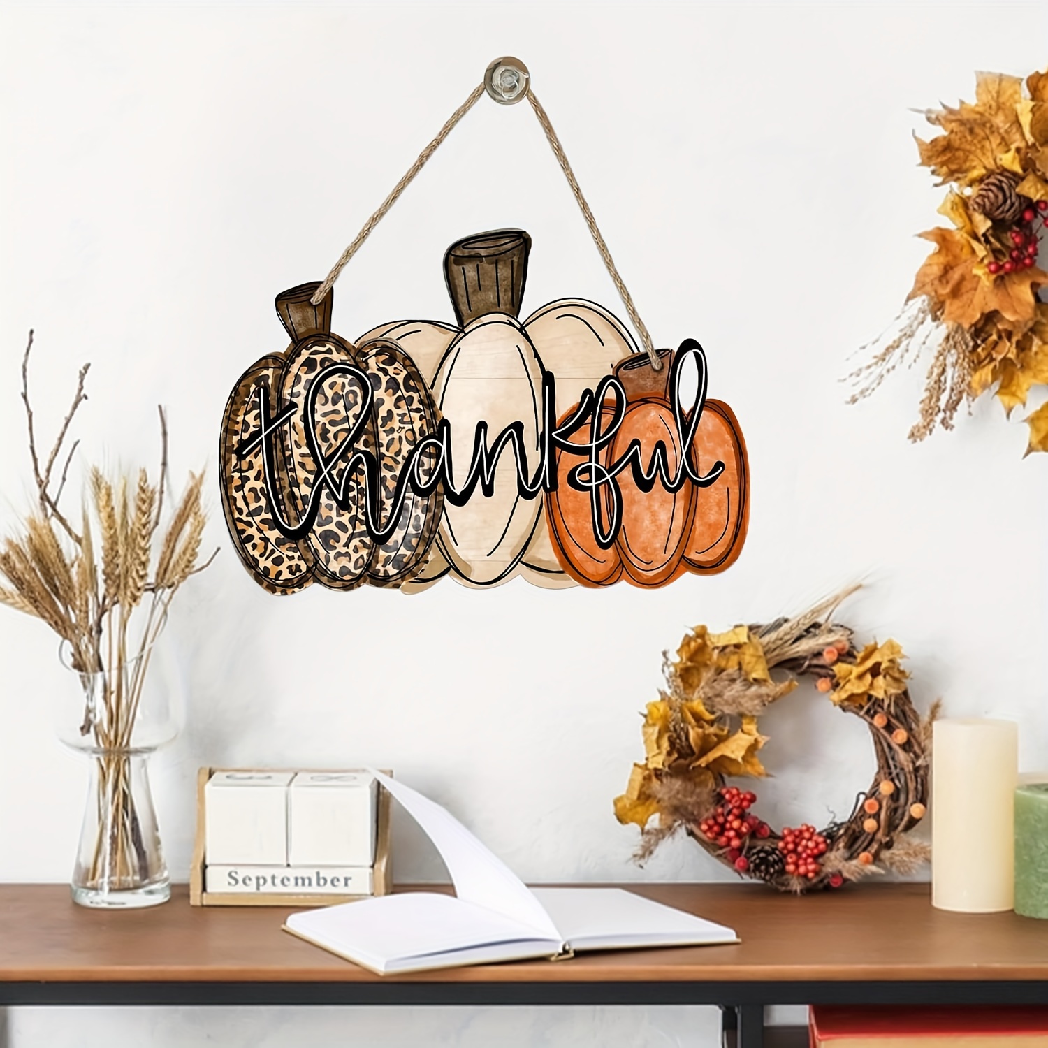 

Thankful Autumn Pumpkin Wooden Door Hanger - Fall Thanksgiving Decor, Leopard Print Wreath For Outdoor Porch