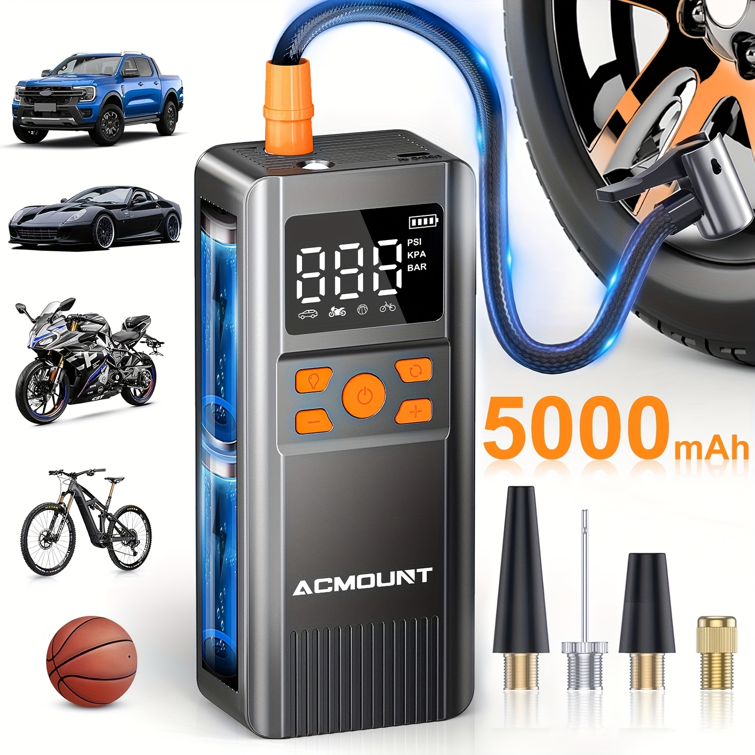 TEMU Tire Inflator Portable Air Compressor, 150psi Portable Air Pump For Car Tires, 2x Faster Inflation Cordless Tire Pump With Digital Pressure Gauge Led Light For Car, Bike, Motorcycle, Ball