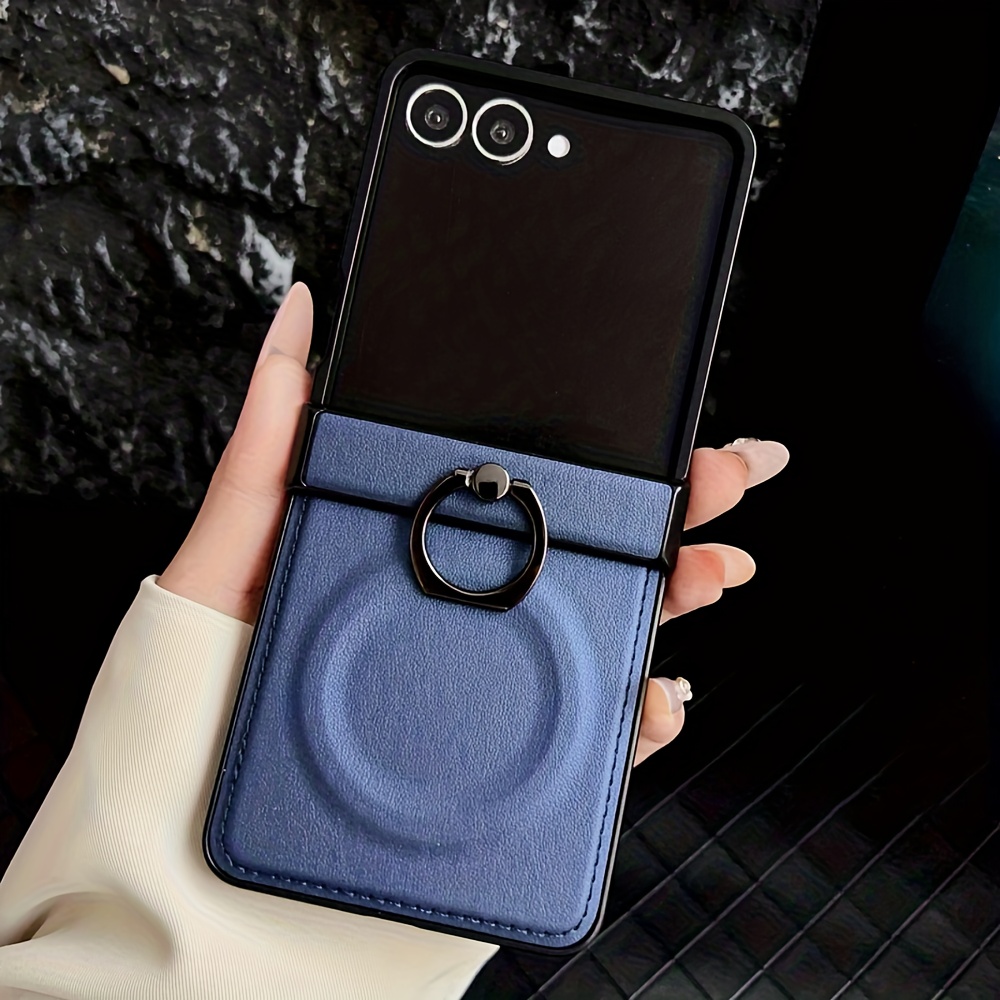 TEMU Phone Case - Artificial Leather Phone Case For For Galaxy Z Flip 7 6 5 4 3 Magnetic Ring Holder Stand Shockproof Solid Cover